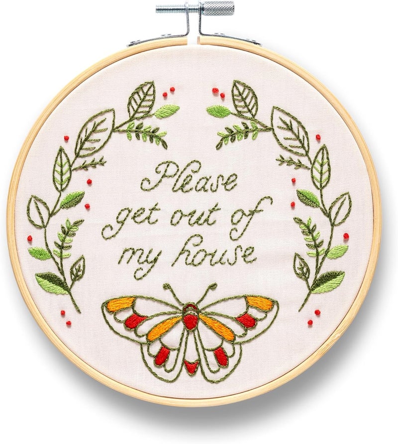 Please Get Out of My House Embroidery Kit | Funny Beginner Needle Work Starter Set for Adult | Needlepoint DIY Art and Craft | Cross Stitch Set with Hoop Floss Needles Threader Printed Fabric